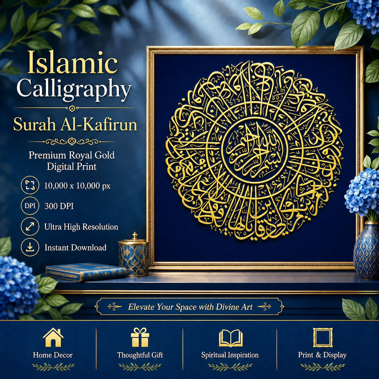Cetakan kaligrafi Surah Al-Kafirun berbentuk bulat
